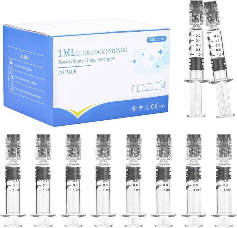 BeHerk 20 Pack 1ml Luer Lock Glass Syringe, Borosilicate Syringes for Liquids, Glue, Oils, Ink, Lab and Crafts Tools without Needle - Image 1